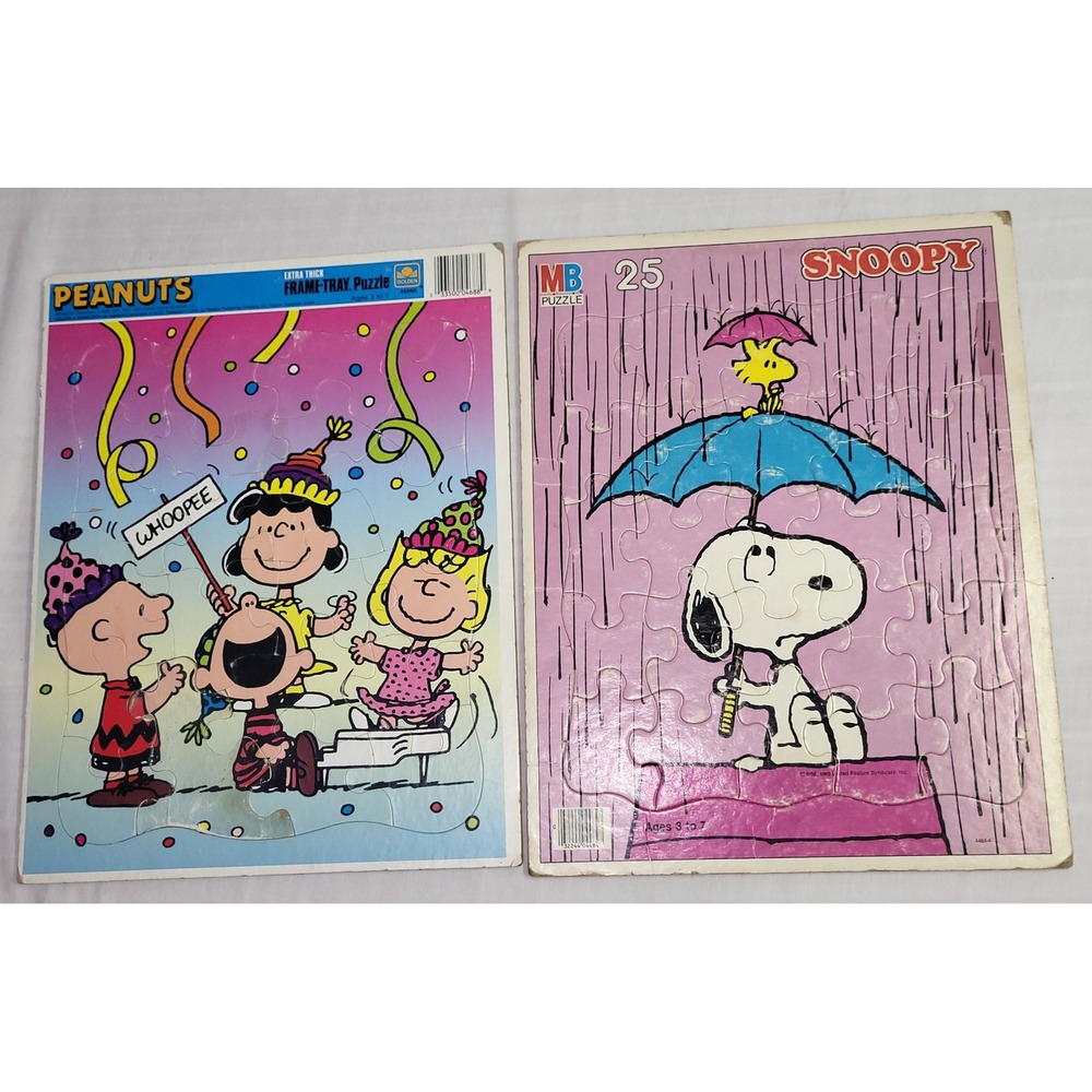2 Frame Tray Golden MB Peanuts Puzzles Vintage 80s Snoopy Charlie Brown